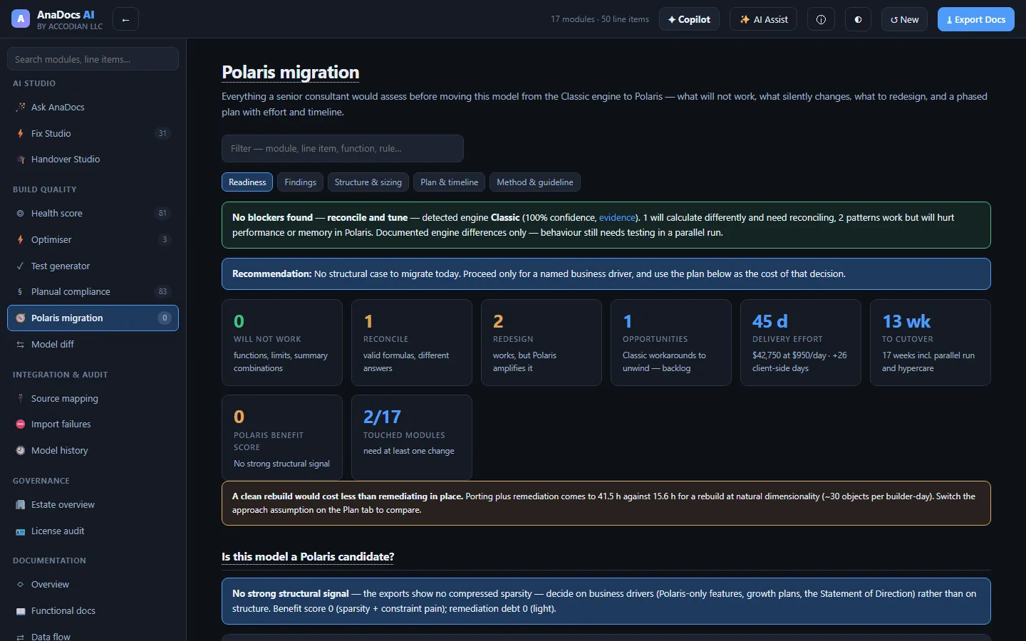 Polaris migration readiness page showing blockers, reconcile and redesign counts, delivery effort, weeks to cutover and a recommendation